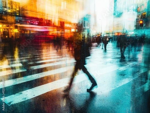 Wallpaper Mural Blurred city street, pedestrians crossing, rainy day. Torontodigital.ca