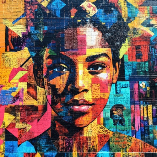 Wallpaper Mural Vibrant, colorful mural; woman's face, geometric patterns. Torontodigital.ca