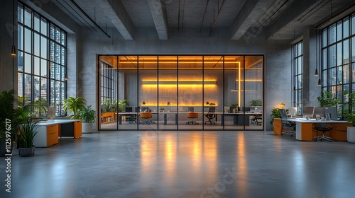 Modern Corporate Office with Transparent Partitions and City View