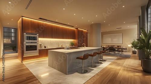 Modern Corporate Office Kitchen with Sleek Appliances and Lighting