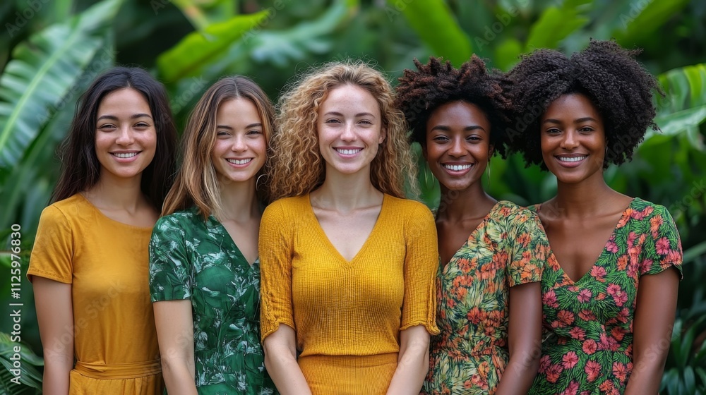 Five women pose in colorful dresses surrounded by lush greenery in a tropical setting. The atmosphere is lively and cheerful, showcasing friendship and diversity. Five women pose in colorful dresses surrounded by lush greenery in a tropical setting. The atmosphere is lively and cheerful, showcasing friendship and diversity.
