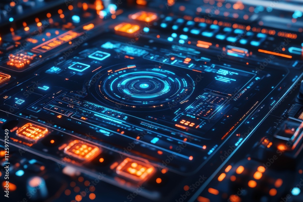 Futuristic digital interface with glowing elements and intricate designs. Futuristic digital interface with glowing elements and intricate designs.