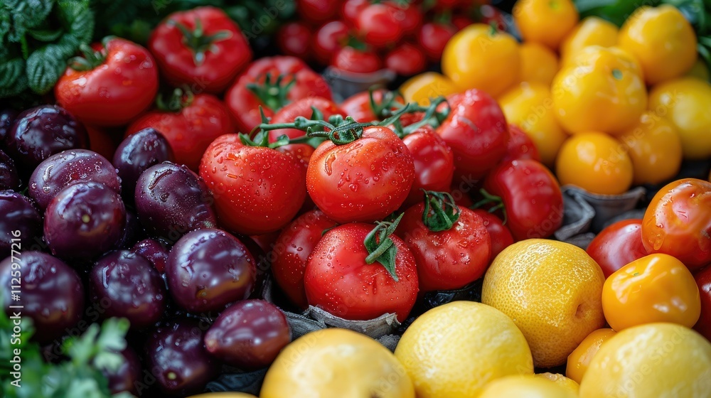 Colorful display of fresh tomatoes, plums, and citrus fruits at a market. Colorful display of fresh tomatoes, plums, and citrus fruits at a market.