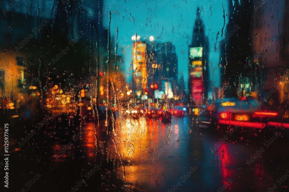 Naklejka premium Rainy night city view through wet glass. Ideal for blogs, websites, or projects needing a moody, urban feel.