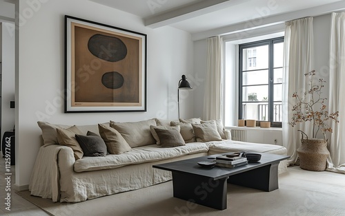 Wallpaper Mural Minimalist living room with neutral tones, large sectional sofa, abstract art, and natural light. Torontodigital.ca