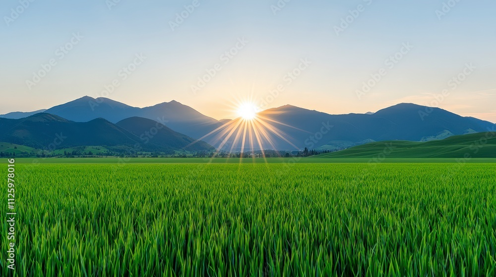 Fototapeta premium Stunning Sunrise over Green Field and Mountain Range