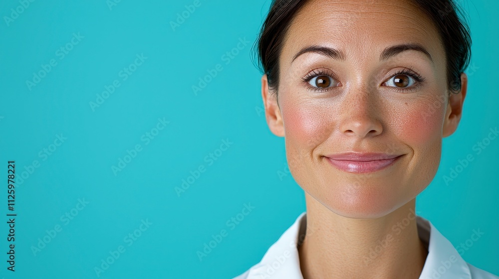 Happy Woman Portrait Smiling Face Close up Teal Background Skincare Beauty Attractiv Happy Woman Portrait Smiling Face Close up Teal Background Skincare Beauty Attractiv