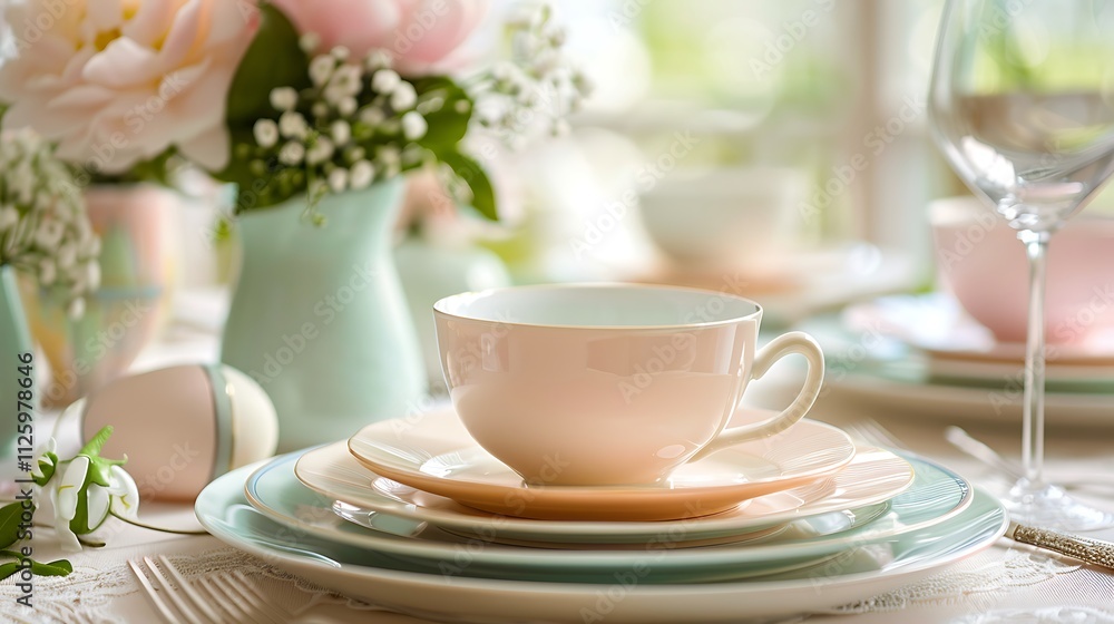 A charming table setting with pastel-colored dishes for Easter brunch A charming table setting with pastel-colored dishes for Easter brunch