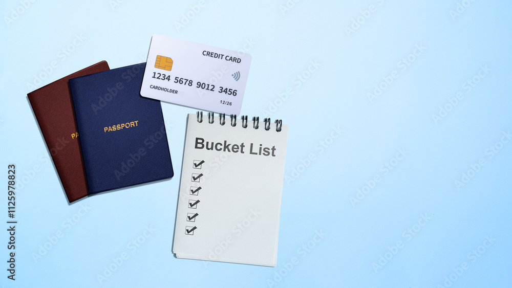 Passport and credit card with a bucket list on a colored background Passport and credit card with a bucket list on a colored background