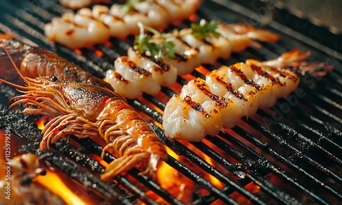 Grilled shrimp and prawns sizzling on a hot grill, flames visible. photo