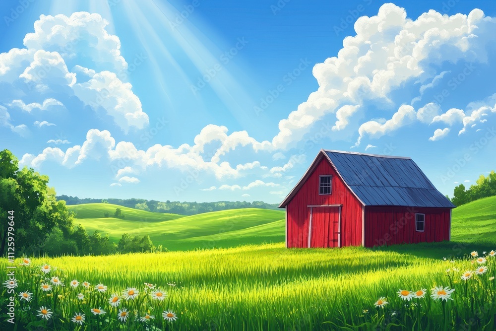 Red barn sits in sunny field, daisies bloom. Perfect for idyllic farm, rural, or nature themes. Red barn sits in sunny field, daisies bloom. Perfect for idyllic farm, rural, or nature themes.