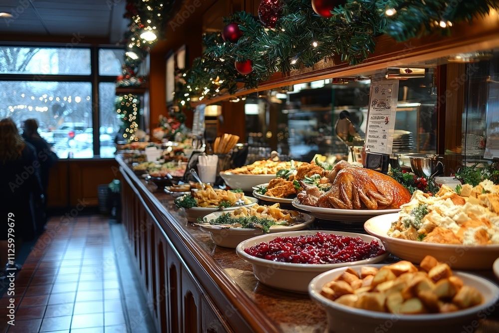 A holiday brunch buffet at a city café, with seasonal dishes like roast turkey and cranberry sauce. Customers, Generative AI A holiday brunch buffet at a city café, with seasonal dishes like roast turkey and cranberry sauce. Customers, Generative AI