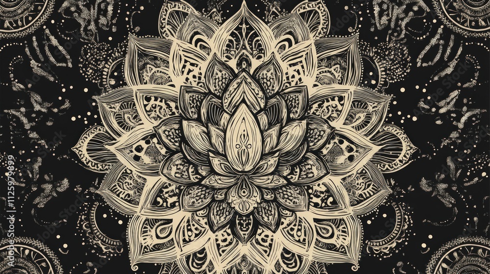Ornate beige mandala on black background. Ornate beige mandala on black background.