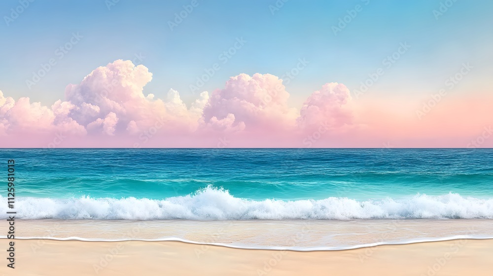 Fototapeta premium Tranquil ocean waves gently lapping on pale beige sand serene beach landscape calm environment peaceful viewpoint nature's beauty