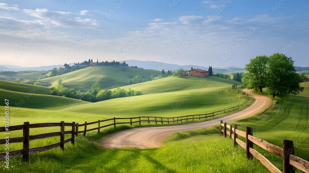 Obraz premium Serene rural landscape with lush green fields tranquil path scenic viewpoint nature's beauty in pastel hues