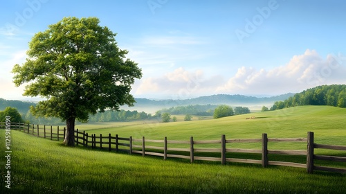 Serene rural landscape with pastel green fields and majestic tree tranquil countryside nature photography vibrant daylight peaceful atmosphere