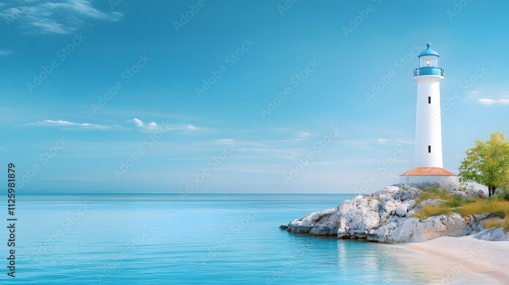 Scenic coastal lighthouse at dawn serene beach digital artwork calm waters aesthetic perspective tranquility theme Scenic coastal lighthouse at dawn serene beach digital artwork calm waters aesthetic perspective tranquility theme