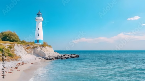 Scenic coastal view of a pastel blue and white lighthouse on a serene beach captured in vibrant daylight