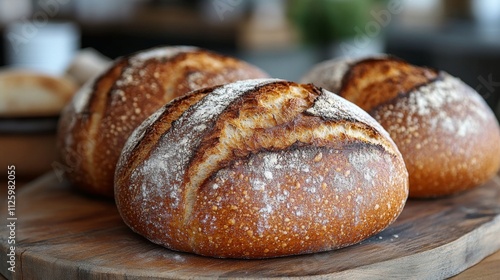 Three round artisan bread loaves are arranged on a wooden board, showcasing a crusty, golden-brown exterior with a dusting of flour. The cozy kitchen ambiance enhances their appeal.