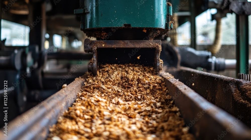 Wood shavings fall from a machine, filling a trough. This shows the industrial process of wood chipping for various uses like biomass energy or manufacturing. Wood shavings fall from a machine, filling a trough. This shows the industrial process of wood chipping for various uses like biomass energy or manufacturing.