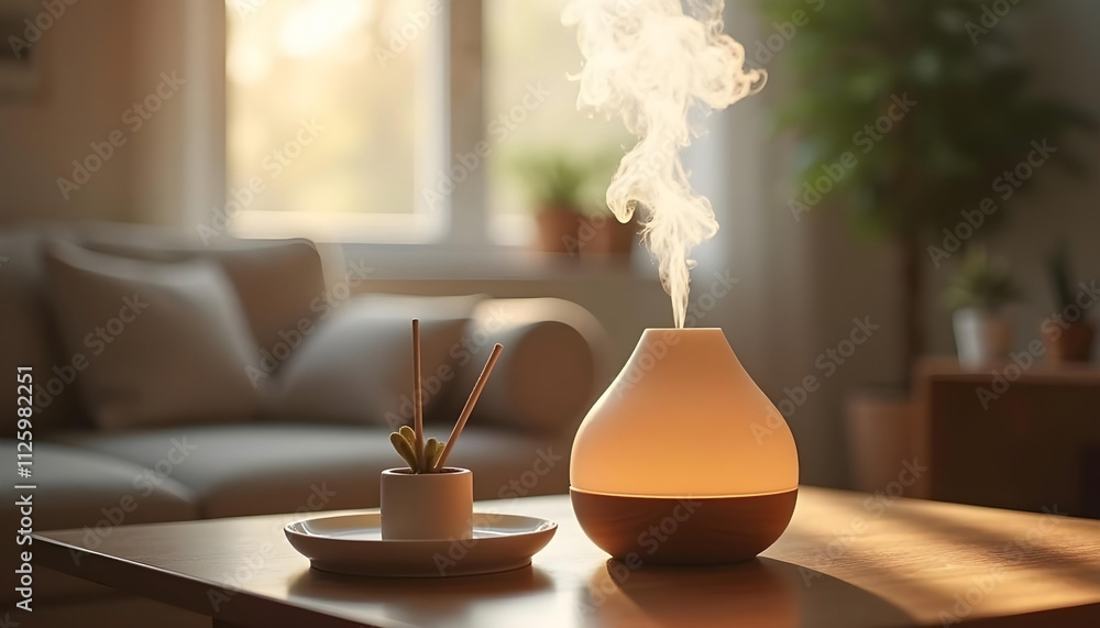 diffuser gently emitting steam, placed on a wooden table diffuser gently emitting steam, placed on a wooden table