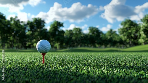 A breathtakingly lush golf course landscape featuring a tee and a golf ball ready to play on photo