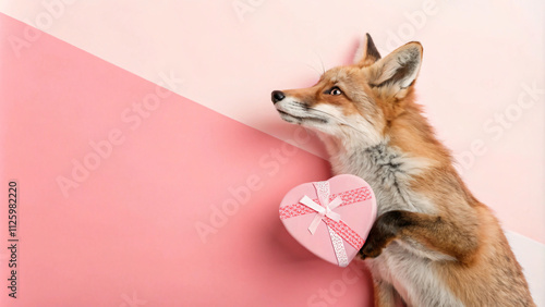 fox holds pink heart shaped gift box against pastel background, evoking playful and affectionate mood photo