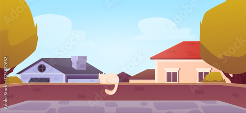 Rooftop view on autumn village houses and trees, vector country dwelling terrace on roof with sitting cat in sunny day