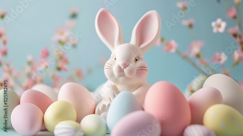 A cheerful bunny figurine surrounded by pastel-colored eggs