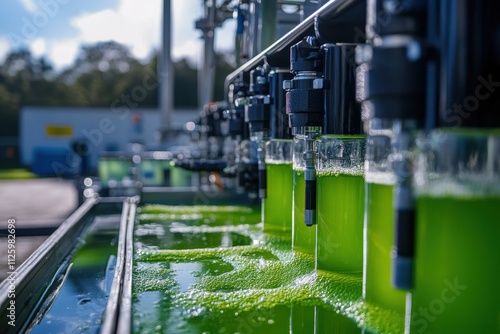 Industrial production of microalgae in bioreactors. Image shows a sustainable process for biofuel or food. photo