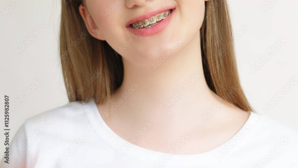 Healthy teeth. Dental care. Oral hygiene. Closeup of contented teen girl charming smile with metal braces isolated on white background.
