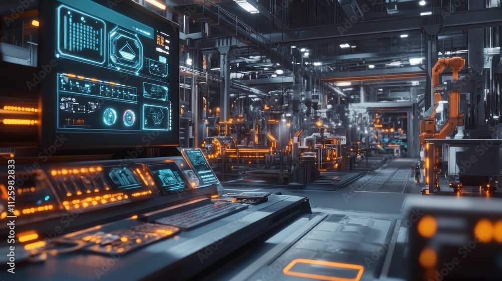 Futuristic Factory Control Room Monitoring Automated Production Line Futuristic Factory Control Room Monitoring Automated Production Line
