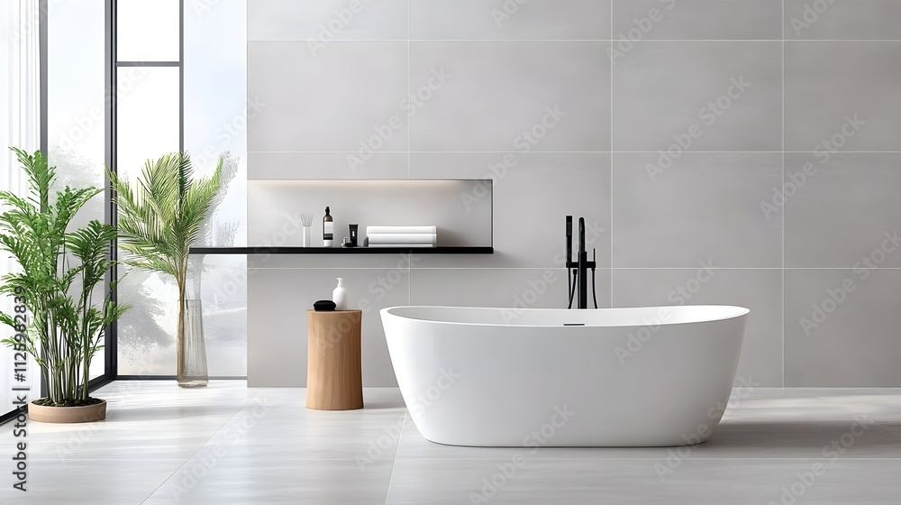 Elegant minimalist bathroom design featuring freestanding white bathtub modern home interior photography contemporary setting aesthetic appeal Elegant minimalist bathroom design featuring freestanding white bathtub modern home interior photography contemporary setting aesthetic appeal