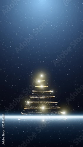 Winter night with loop snowfall and golden christmas tree vertical background. photo