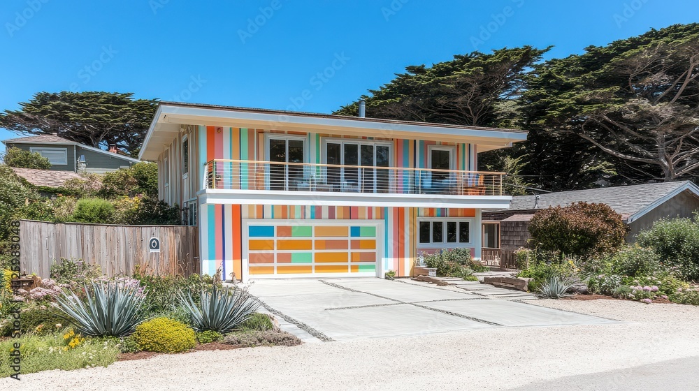 Fototapeta premium Playful Multicolored Stripes on Modern Home Exterior
