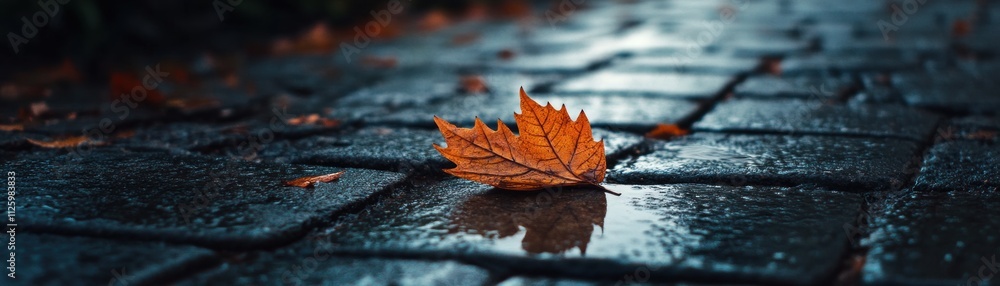 Autumn Leaf Resting On Wet Cobblestone Pavement Autumn Leaf Resting On Wet Cobblestone Pavement