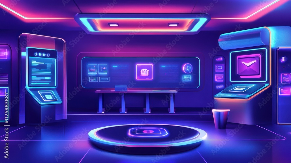Futuristic Room With Neon Lighting And Interactive Kiosks Futuristic Room With Neon Lighting And Interactive Kiosks