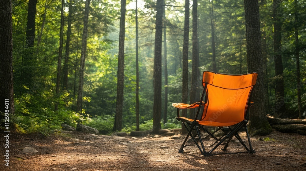 Vibrant Orange Camping Chair Set Against a Lush Green Forest Landscape with Sunlight Filtering Through Tall Trees in a Serene Outdoor Setting