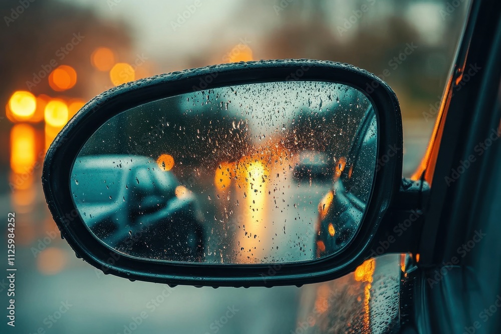 Rain-covered car mirror reflects blurred city lights at night. Illustrates themes of travel, weather, and urban life. Rain-covered car mirror reflects blurred city lights at night. Illustrates themes of travel, weather, and urban life.