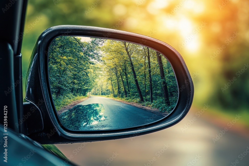 Scenic road reflected in a car's side mirror, lush green trees lining the path. Perfect for travel, nature, or road trip themes; evokes feelings of adventure and escape.