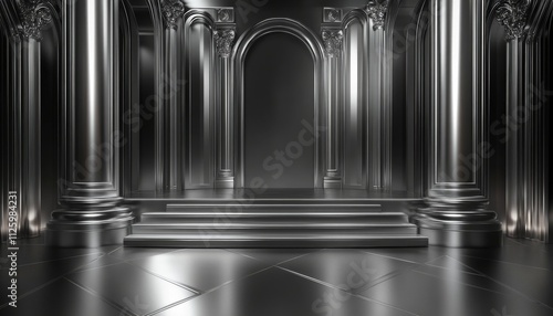 Silver black metalic ceremony award stage venue background. 3d stage background. Elegant venue concept. 