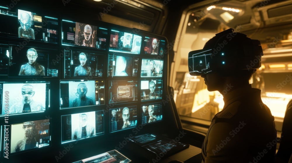 Person in VR headset views digital facial scans on a monitor Person in VR headset views digital facial scans on a monitor