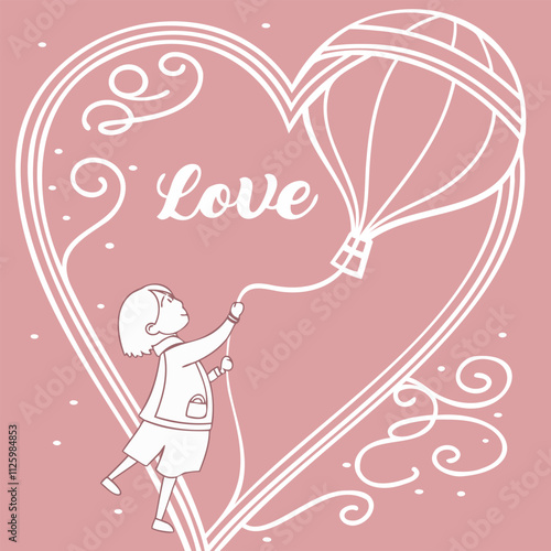 child holding balloon in heart shape, symbolizing love and joy. whimsical design features playful swirls and word Love prominently displayed