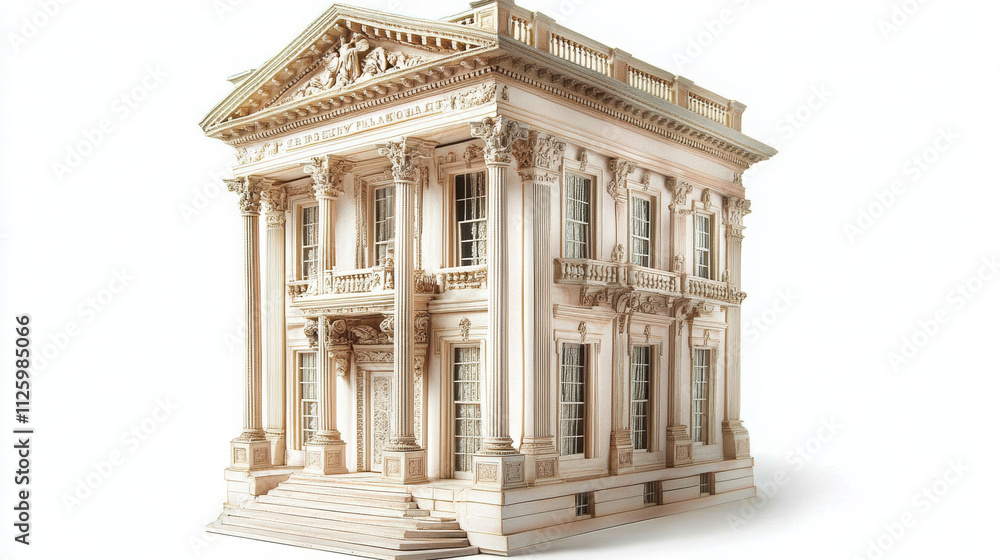 Obraz premium Handcrafted miniature neoclassical facade showcasing intricate details, elegant columns, and ornate decorations, perfect for architectural enthusiasts and collectors
