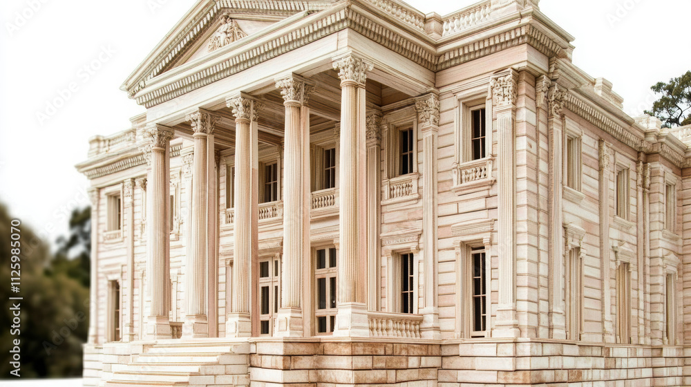 Obraz premium handcrafted wooden replica of neoclassical mansion showcasing intricate architectural details and elegant columns, perfect for collectors and enthusiasts