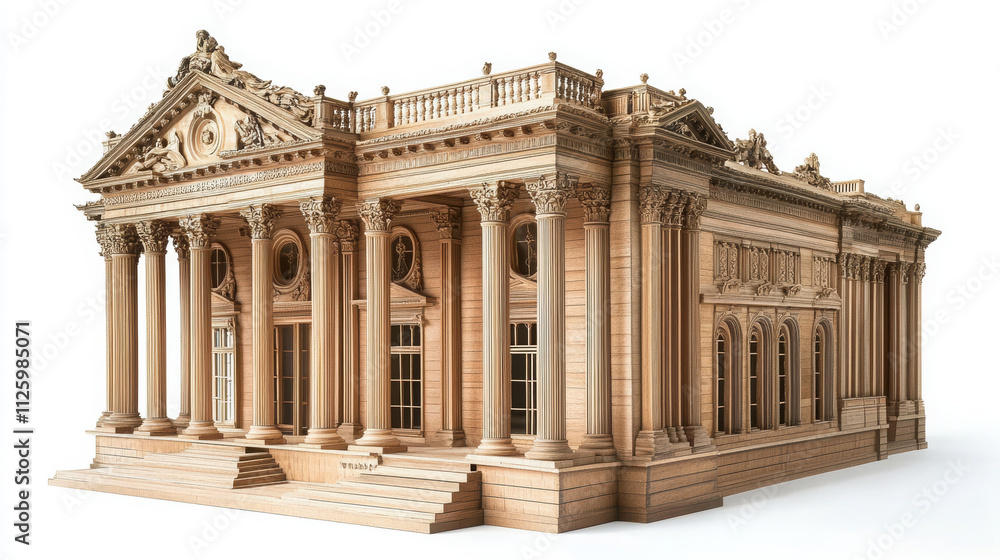 Obraz premium handcrafted wooden replica of neoclassical building showcasing intricate architectural details and elegant columns, perfect for collectors and enthusiasts