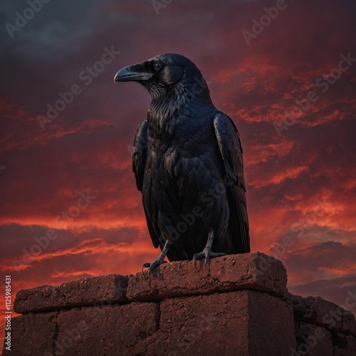 A raven perched on an ancient, mystical ruin under a blood-red sky.