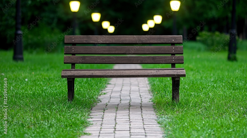 Serene Park Bench on Brick Path Evening Ambiance Serene Park Bench on Brick Path Evening Ambiance