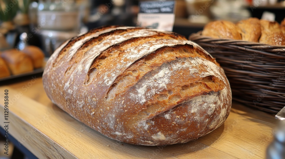 A round loaf of artisan bread, freshly baked, rests on a wooden table at a bakery. Nearby, an assortment of pastries showcases the bakery's offerings, creating a warm, inviting atmosphere. A round loaf of artisan bread, freshly baked, rests on a wooden table at a bakery. Nearby, an assortment of pastries showcases the bakery's offerings, creating a warm, inviting atmosphere.