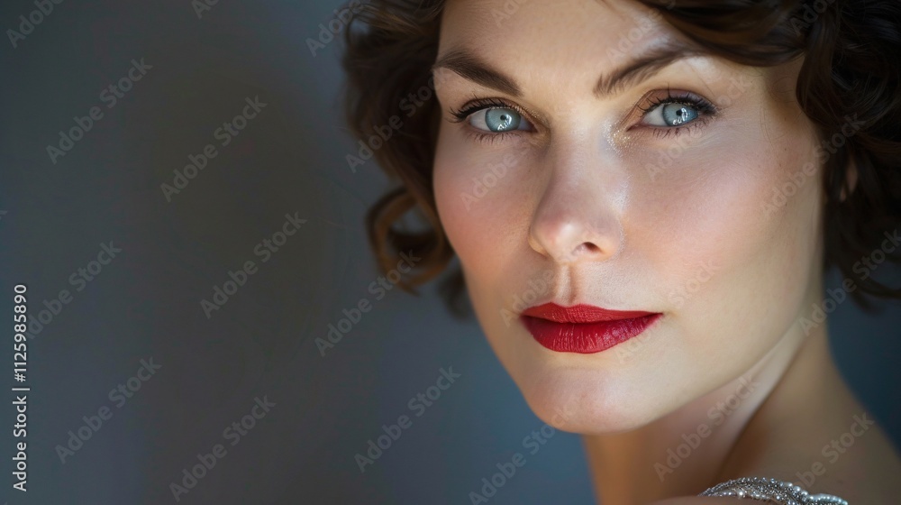 Fototapeta premium Confident and Elegant Woman with Red Lips and Curly Hair Posing in Studio Striking and Sophisticated Portrait of a Mature Female Model in a Fashion Editorial Style